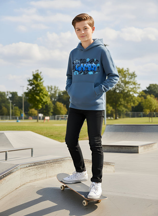 Fringoo Gamer Hoodie for Boys Cotton Rich Soft Hooded Sweatshirt - Gamer Graffiti Blue