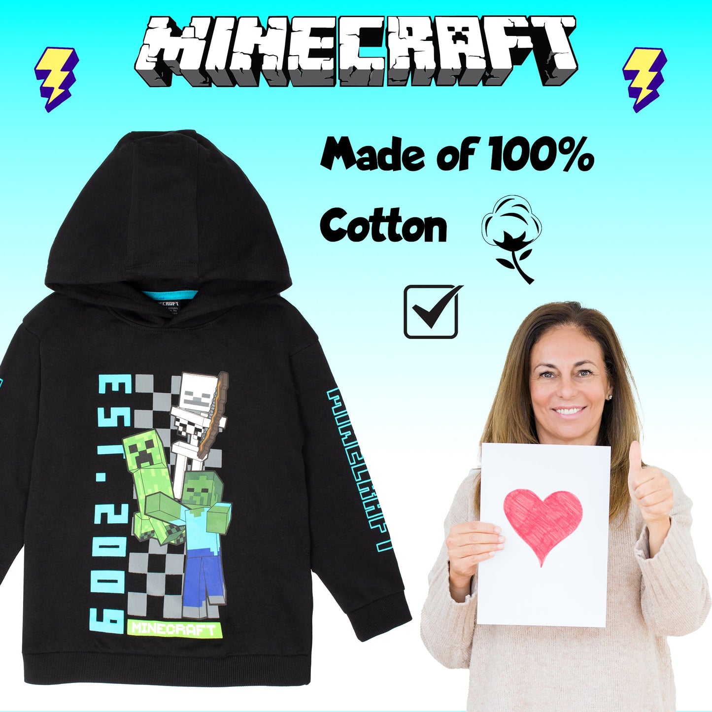 Minecraft Boys' Hoodie with Kangaroo Pocket 100% Cotton
