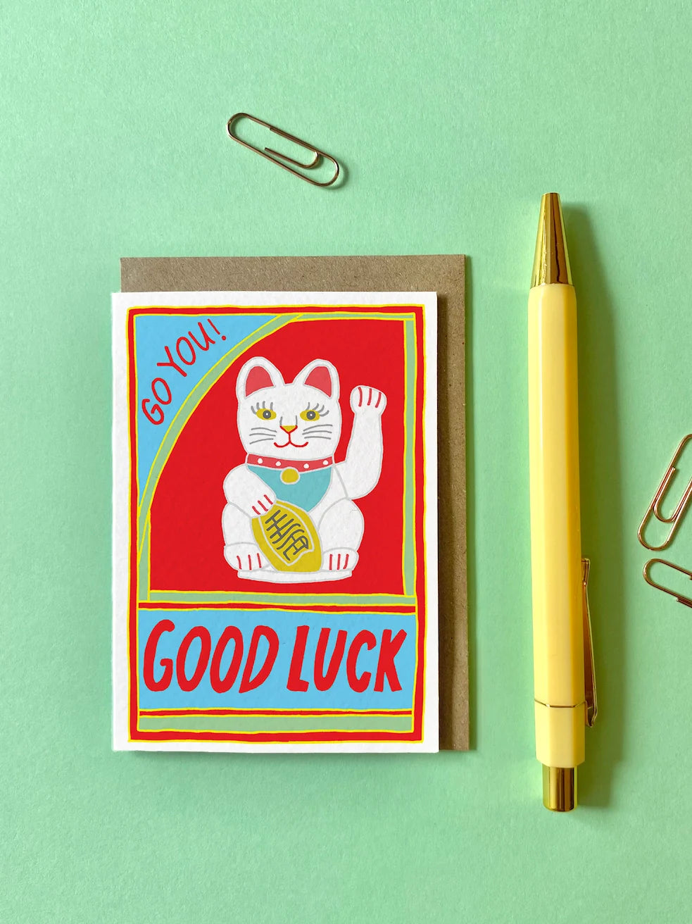 Petite Carte de vœux Chat Chanceux "Good Luck"