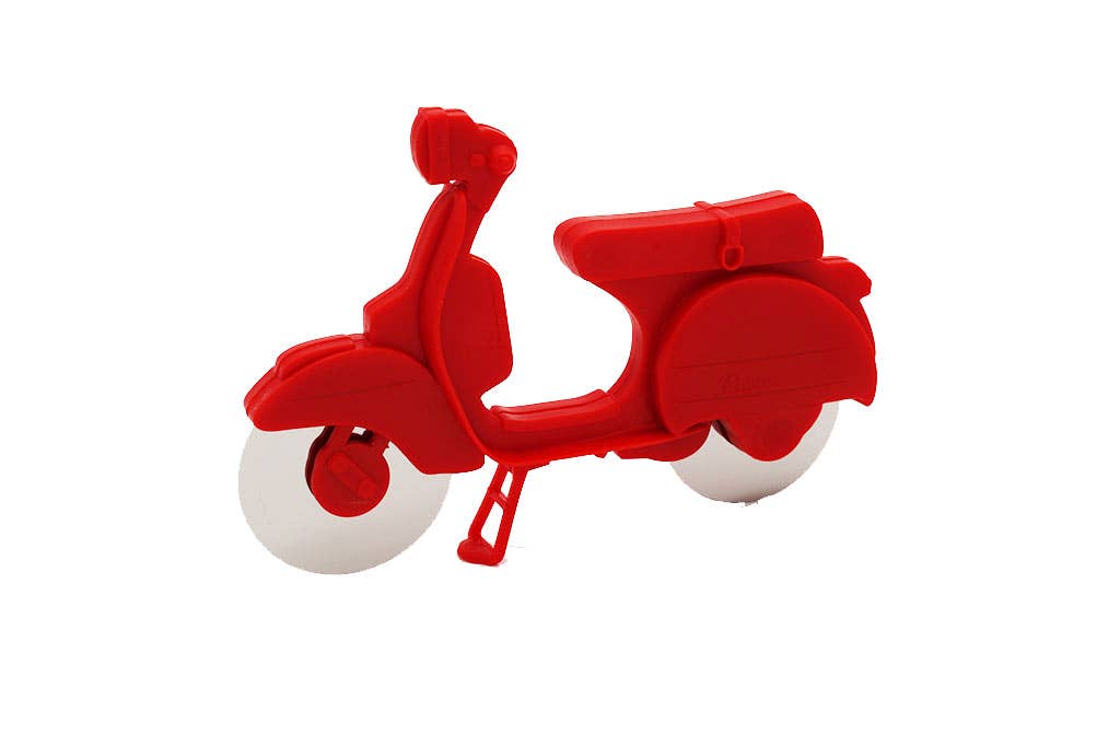 Red scooter pizza cutter with stainless steel blades