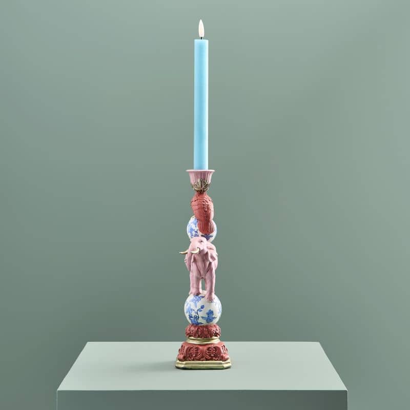 Bird on Elephant Candle Holder, Pink Resin, 13 x 9 x 30.5 cm