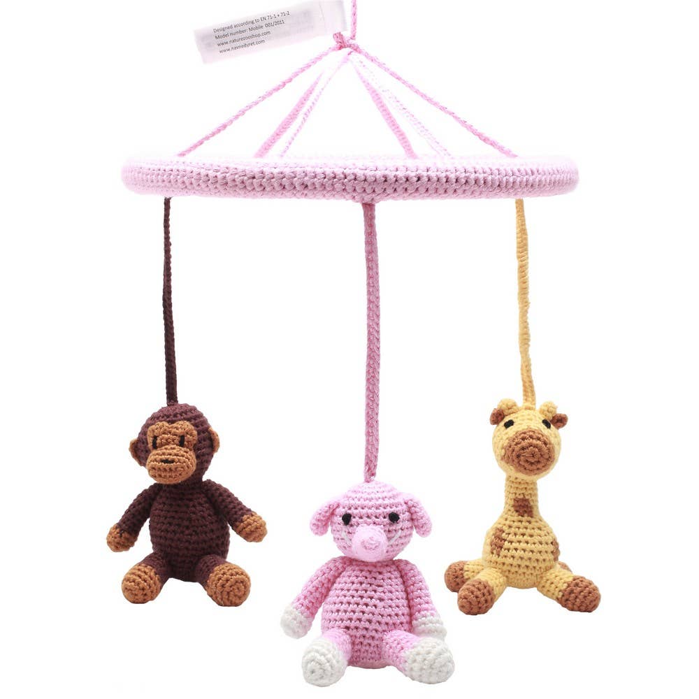 Mobile with monkey, giraffe and elephant (pink)