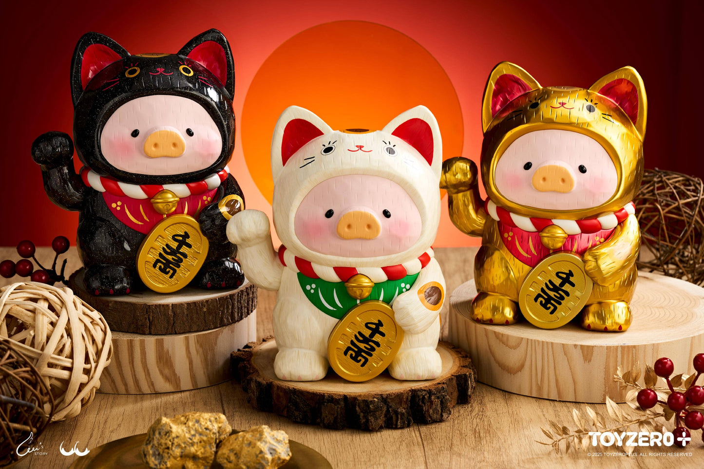 LuLu the Piglet - Maneki Lu (black cat) — 18cm wooden sculpture