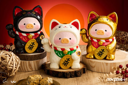 LuLu the Piglet - Maneki Lu (black cat) — 18cm wooden sculpture