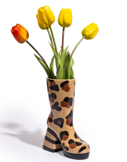 Ceramic high-heel boot vase, leopard print