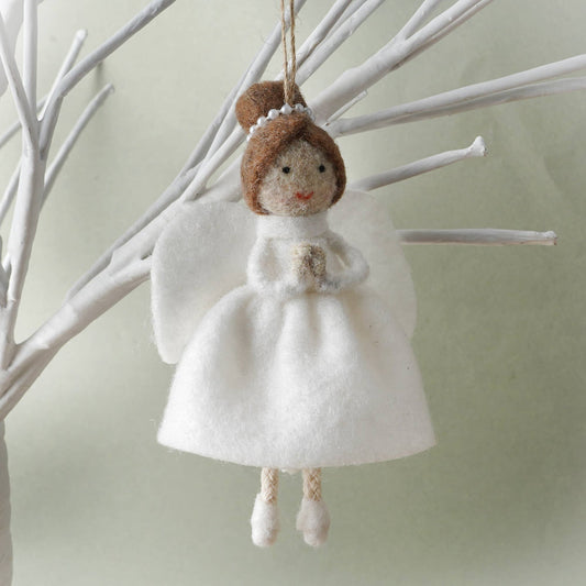 Hanging decoration in the shape of a felt angel with dark hair