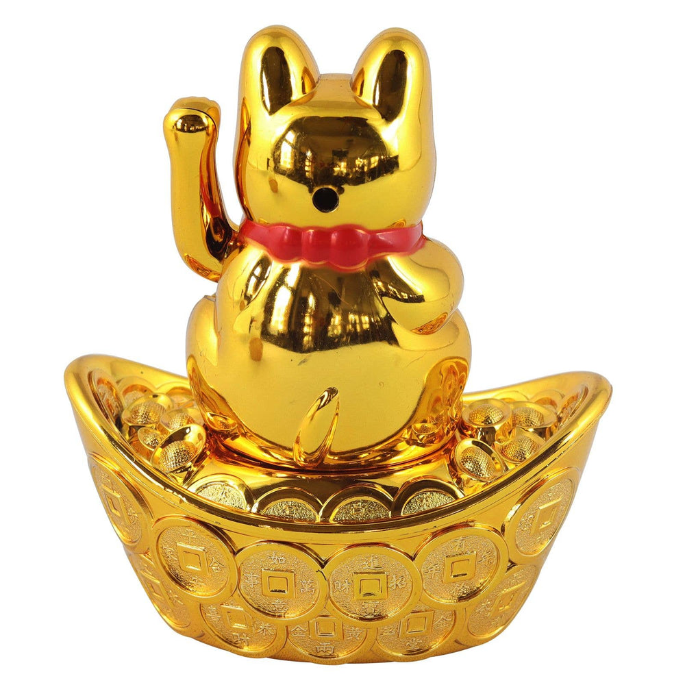 Chat Chanceux Solaire Doré 10cm