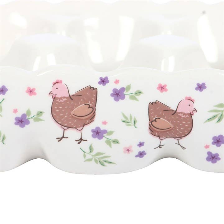 Porte-œufs en Céramique avec Motif Poule Florale