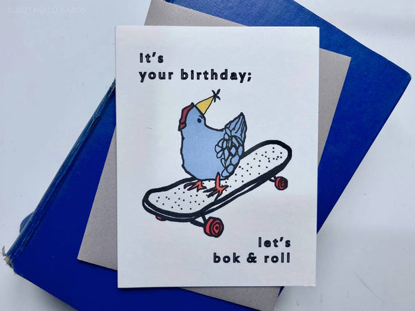 Chicken Skateboard "Bok &amp; Roll" Birthday Card