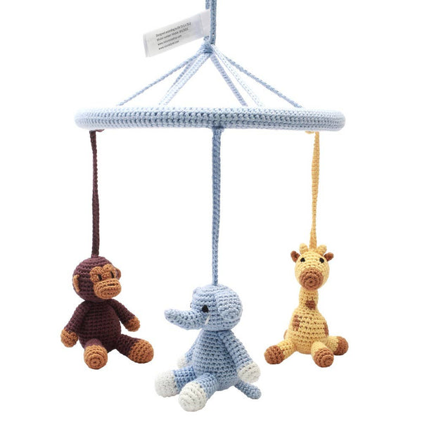 Mobile avec singe, girafe et éléphant (bleu clair)