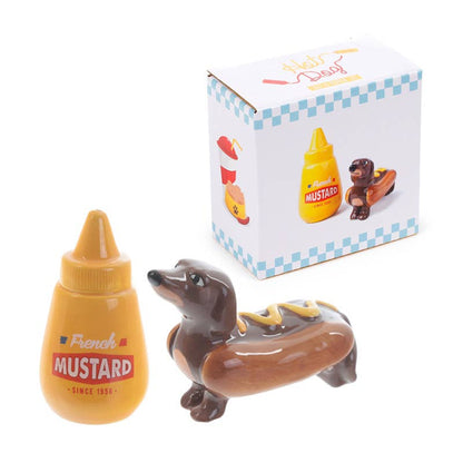 Ceramic hot dog and mustard salt and pepper shakers