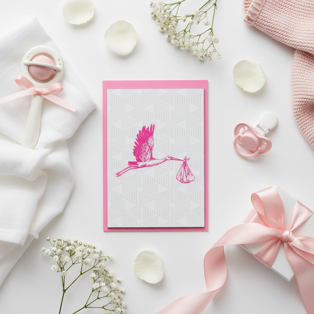 Biglietto di auguri con cicogna rosa
