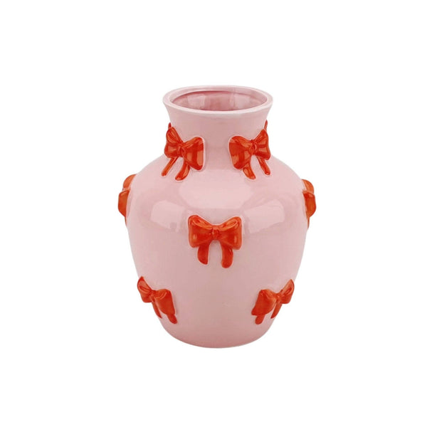Vase - Flower Vase with Ribbons - Pink/Orange - 14x14x19cm