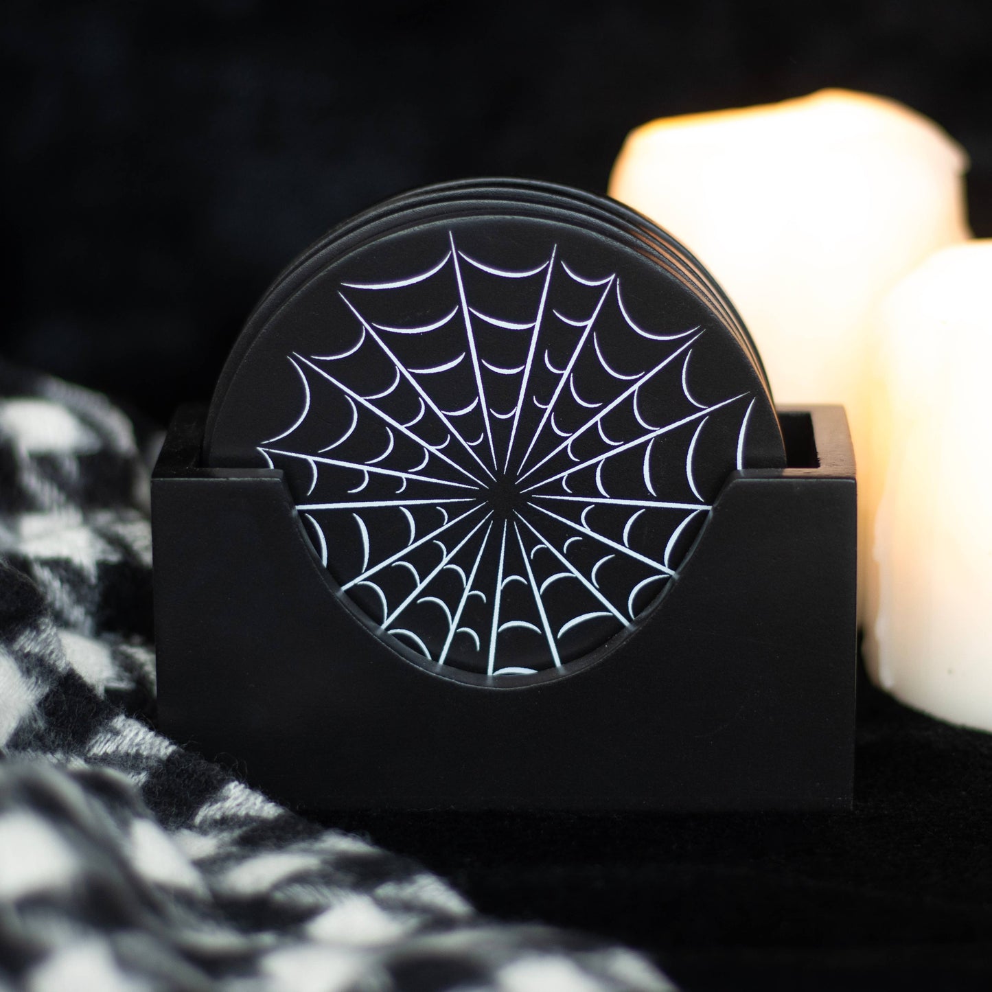 Set of 4 black gothic spiderweb coasters