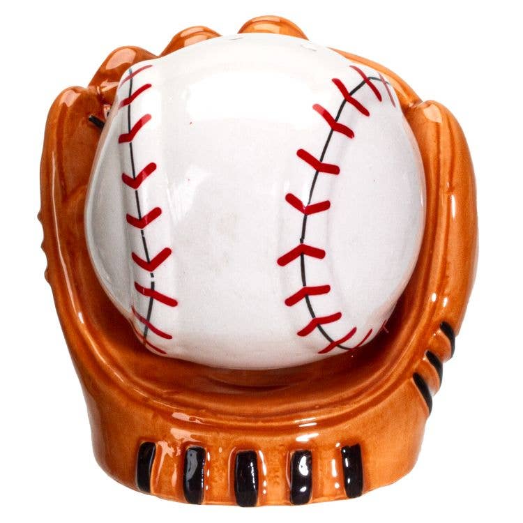 Ceramic salt and pepper shaker set in the shape of a baseball and a baseball glove