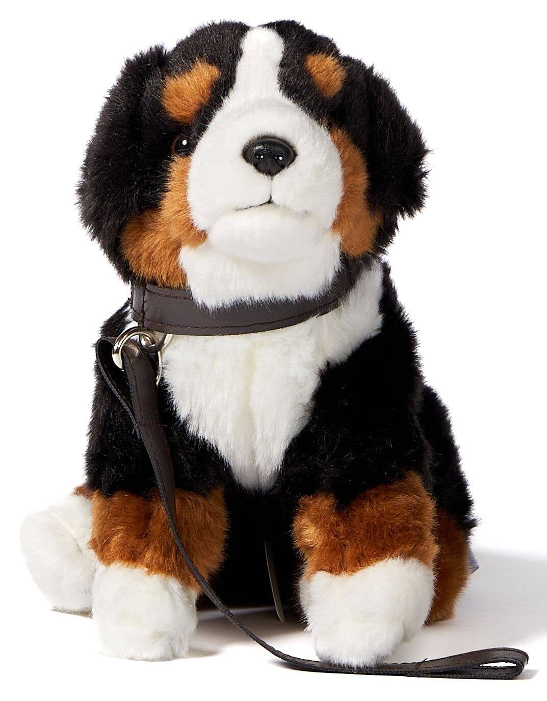Peluche bouvier bernois en laisse avec son