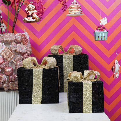 Cadeau de Noël LED - S3 - Polystyrène - Noir/Or - 15/20/25 cm