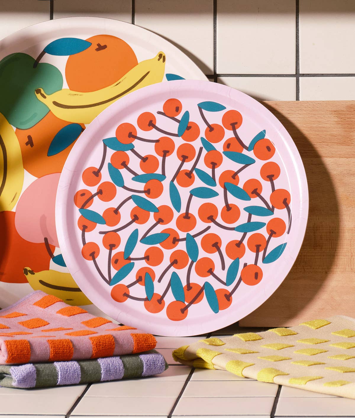 Round Serving Tray with Cherries