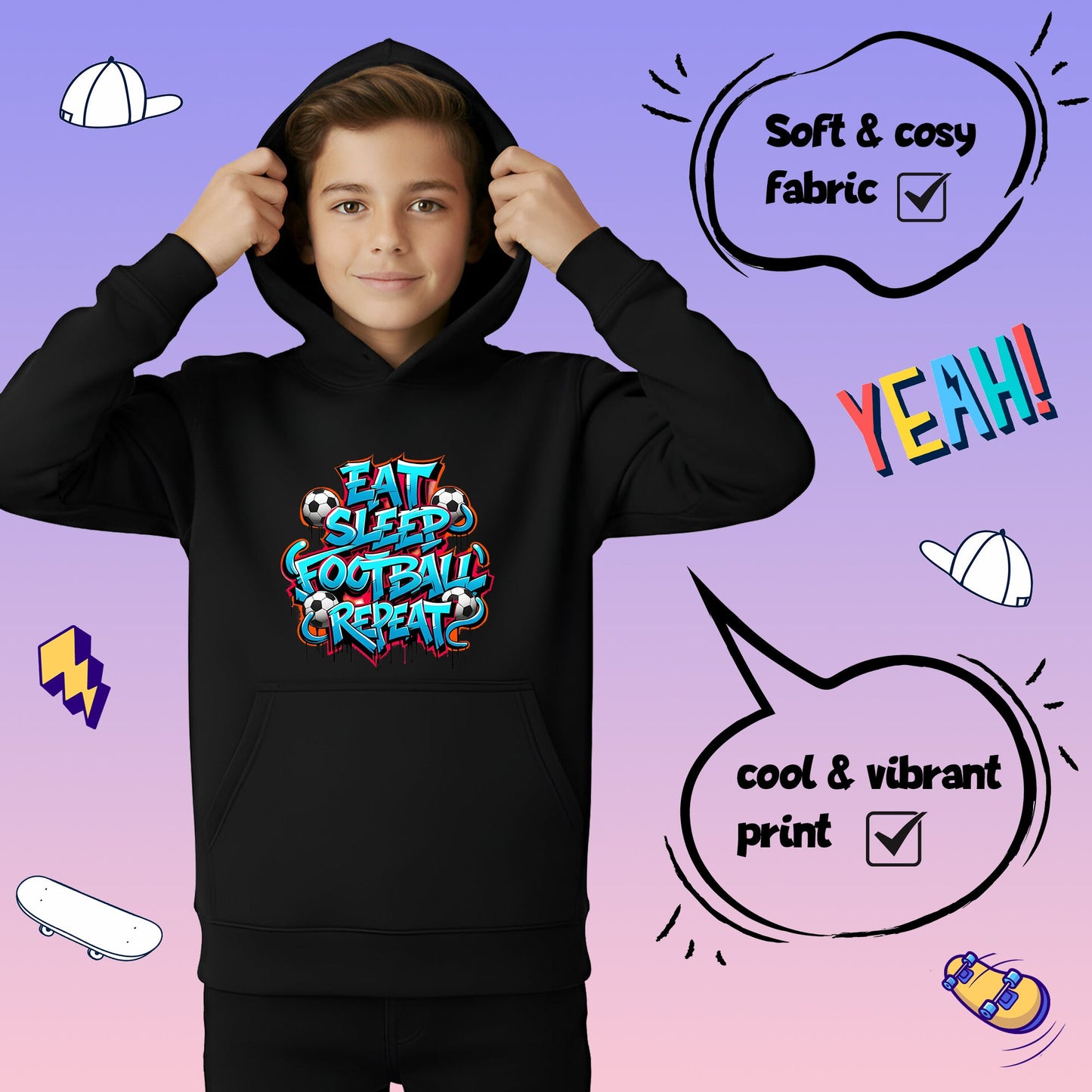Fringoo Gamer Hoodie Black for Boys Cotton Rich Soft Hooded Sweatshirt - EatFootball Black