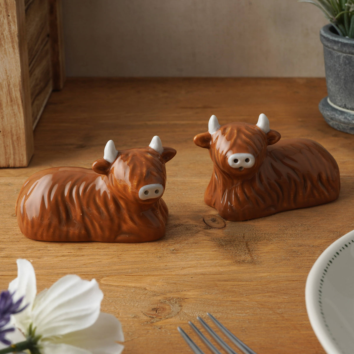 Bramble Farm Highland Cow salt and pepper shakers in a gift box