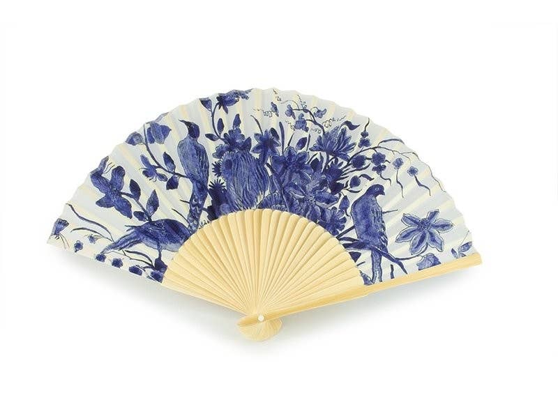 Éventail en bambou avec motif oiseau bleu de Delft