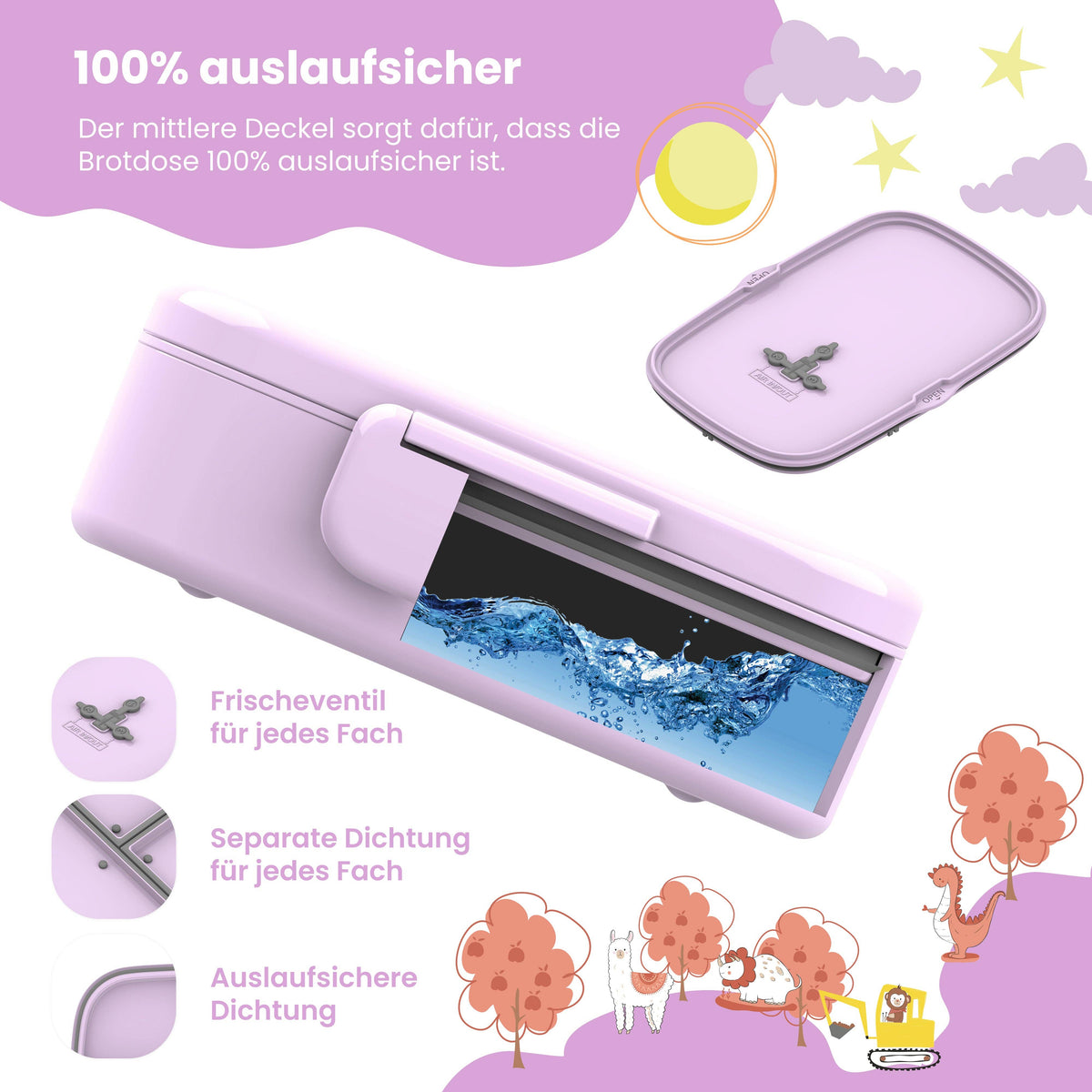 Brotdose Kinder mit Fächern, leicht & auslaufsicher - lila