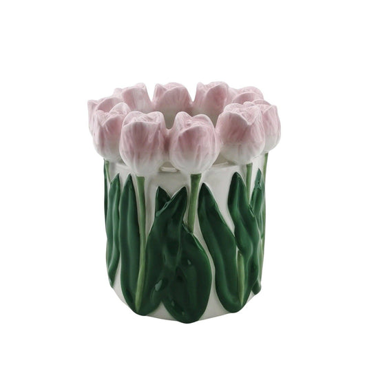 Vase - Tulips - Dolomite - Light pink/Green - 15x15x14cm
