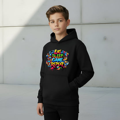 Fringoo Gamer Hoodie Grey for Boys Cotton Rich Soft Hooded Sweatshirt - Eat Game Black