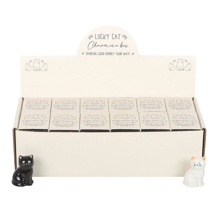 Set of 24 black and white cat lucky charms in a box