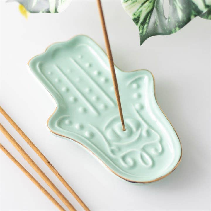 Blue Hamsa Hand Ceramic Incense Holder