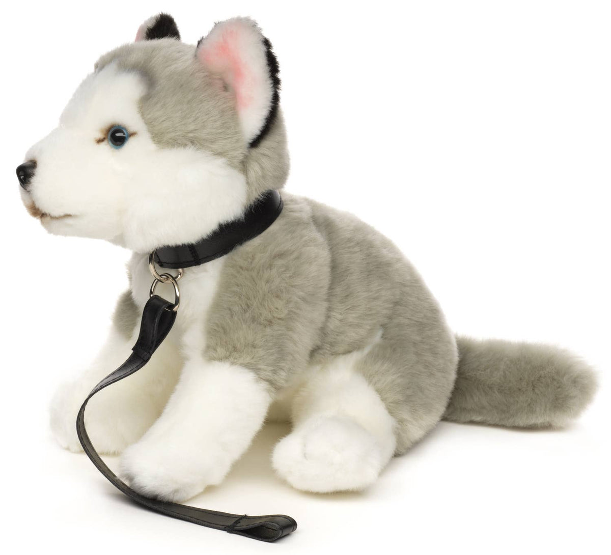 Sitting grey husky plush with leash