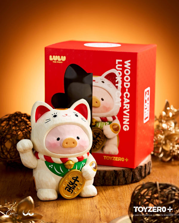 LuLu the Piglet - Maneki Lu (calico cat) — 18cm wooden sculpture