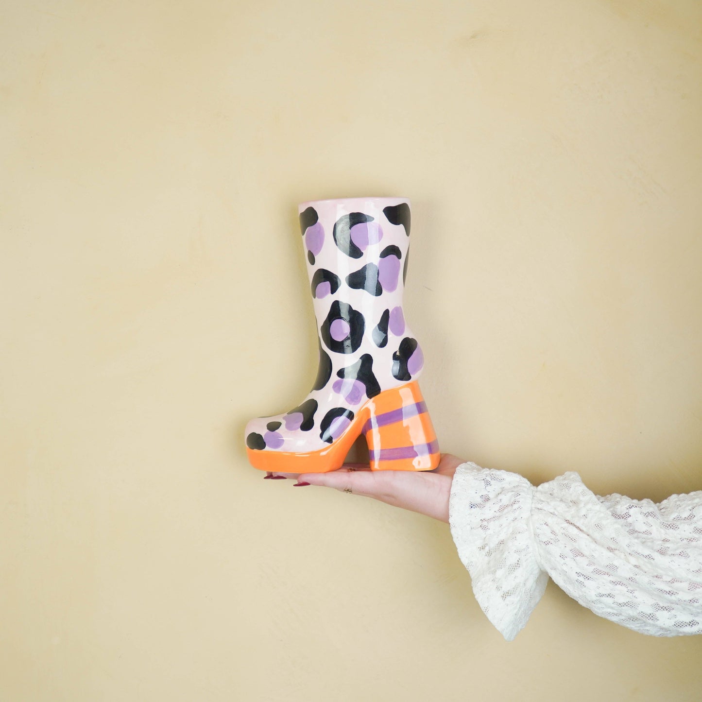 Leopard Print Boot Vase - Pink/Orange