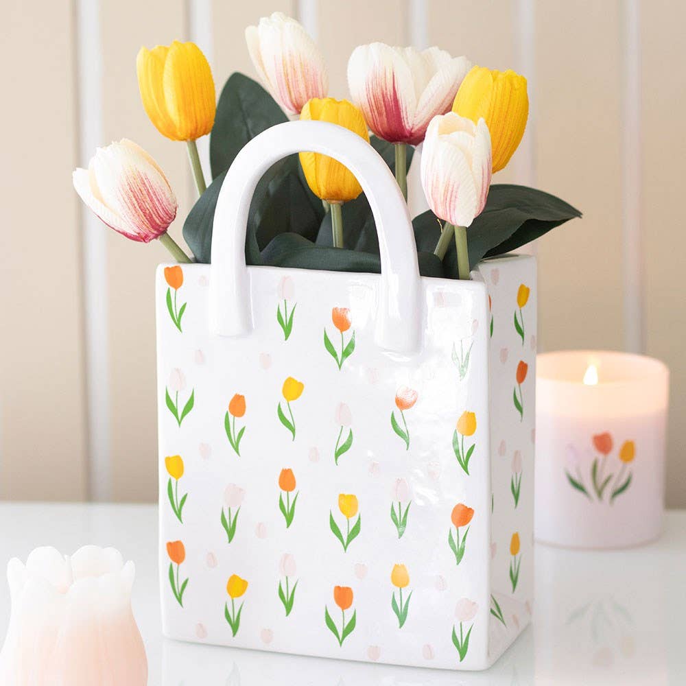 Vaso in ceramica a forma di sacchetto con motivo a tulipano per fiori primaverili