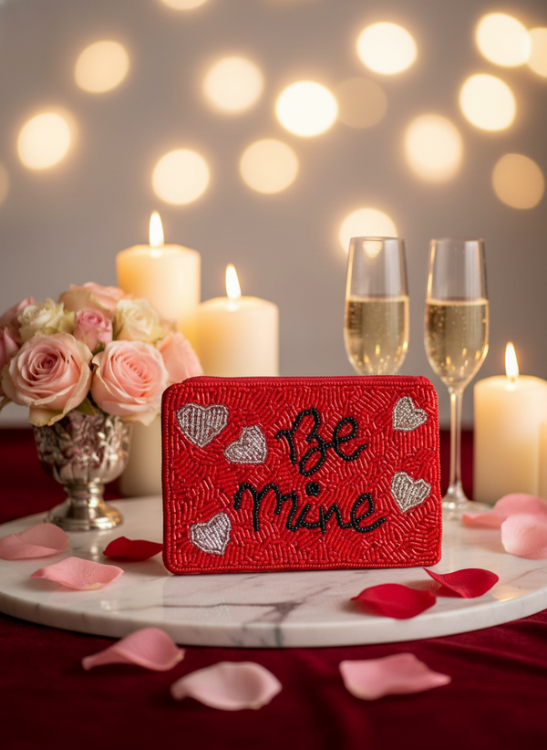 Pochette zippée à perles rouges « Be Mine »