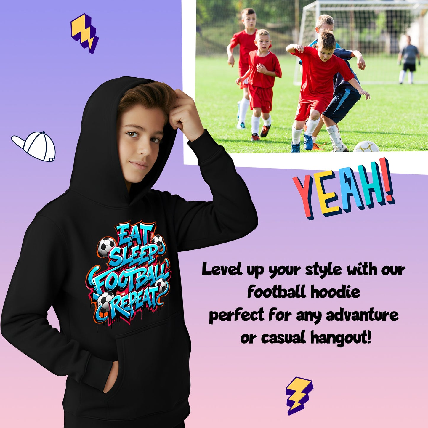 Fringoo Gamer Hoodie Black for Boys Cotton Rich Soft Hooded Sweatshirt - EatFootball Black