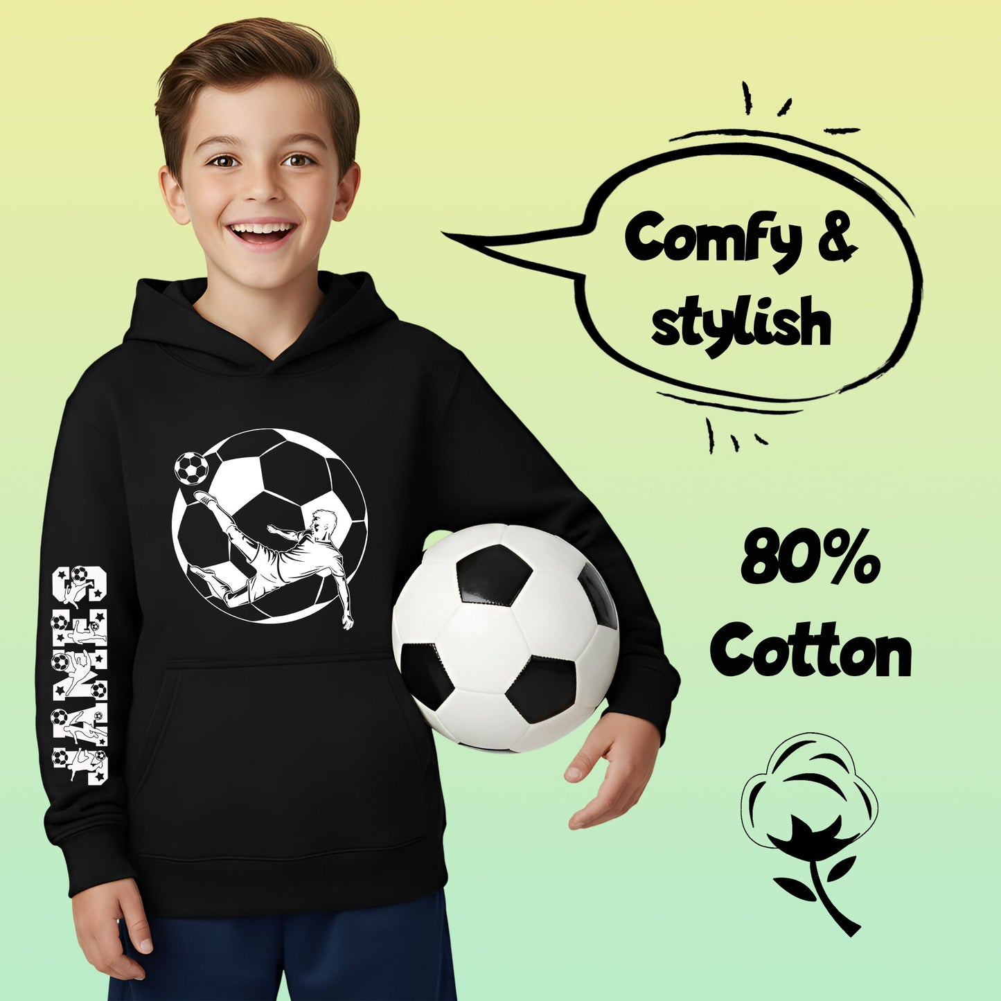 Fringoo Football Hoodie Black for Boys Cotton Rich Soft Hooded Sweatshirt - Black Football Sleeve