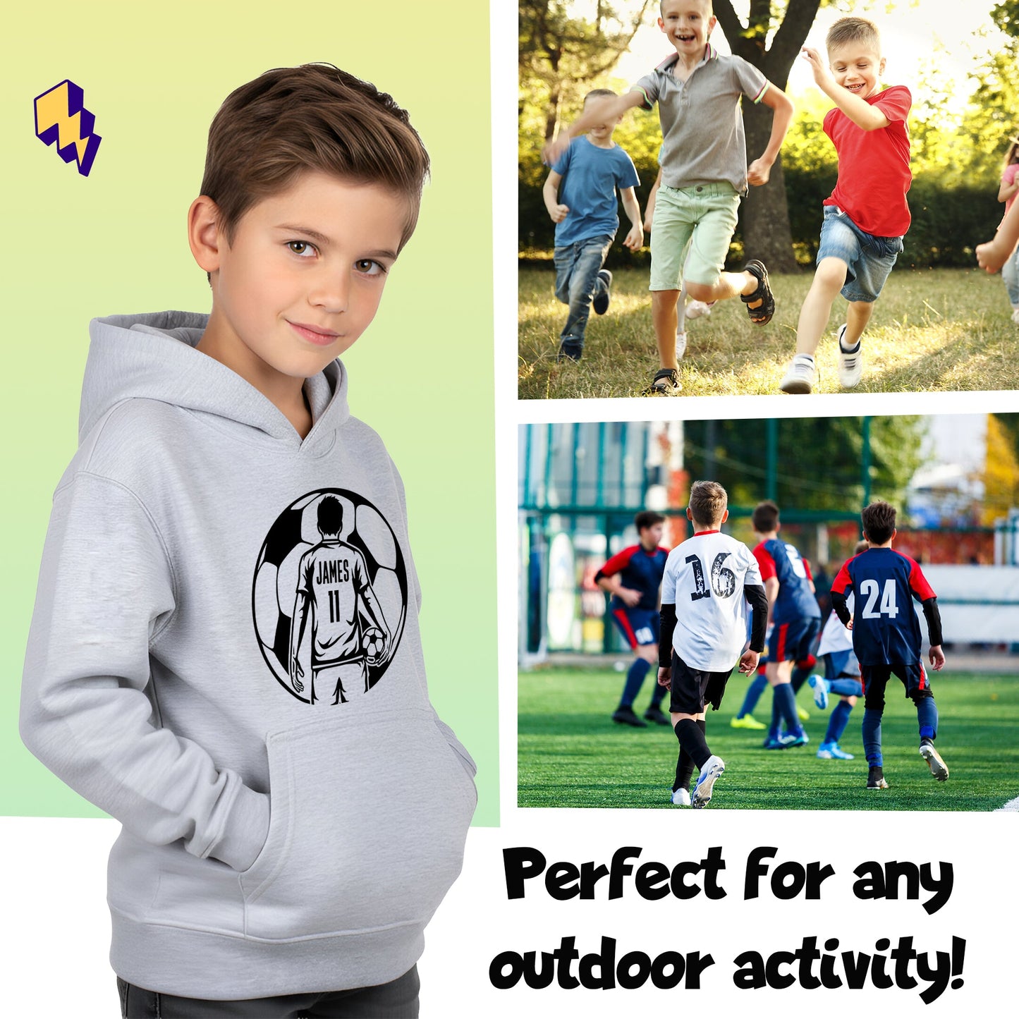 Fringoo Football Hoodie Grey for Boys Cotton Rich Soft Hooded Sweatshirt - Football Ball Boys Grey