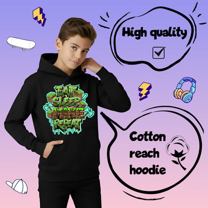 Fringoo Gamer Hoodie Grey for Boys Cotton Rich Soft Hooded Sweatshirt - Eat Minecraft Black