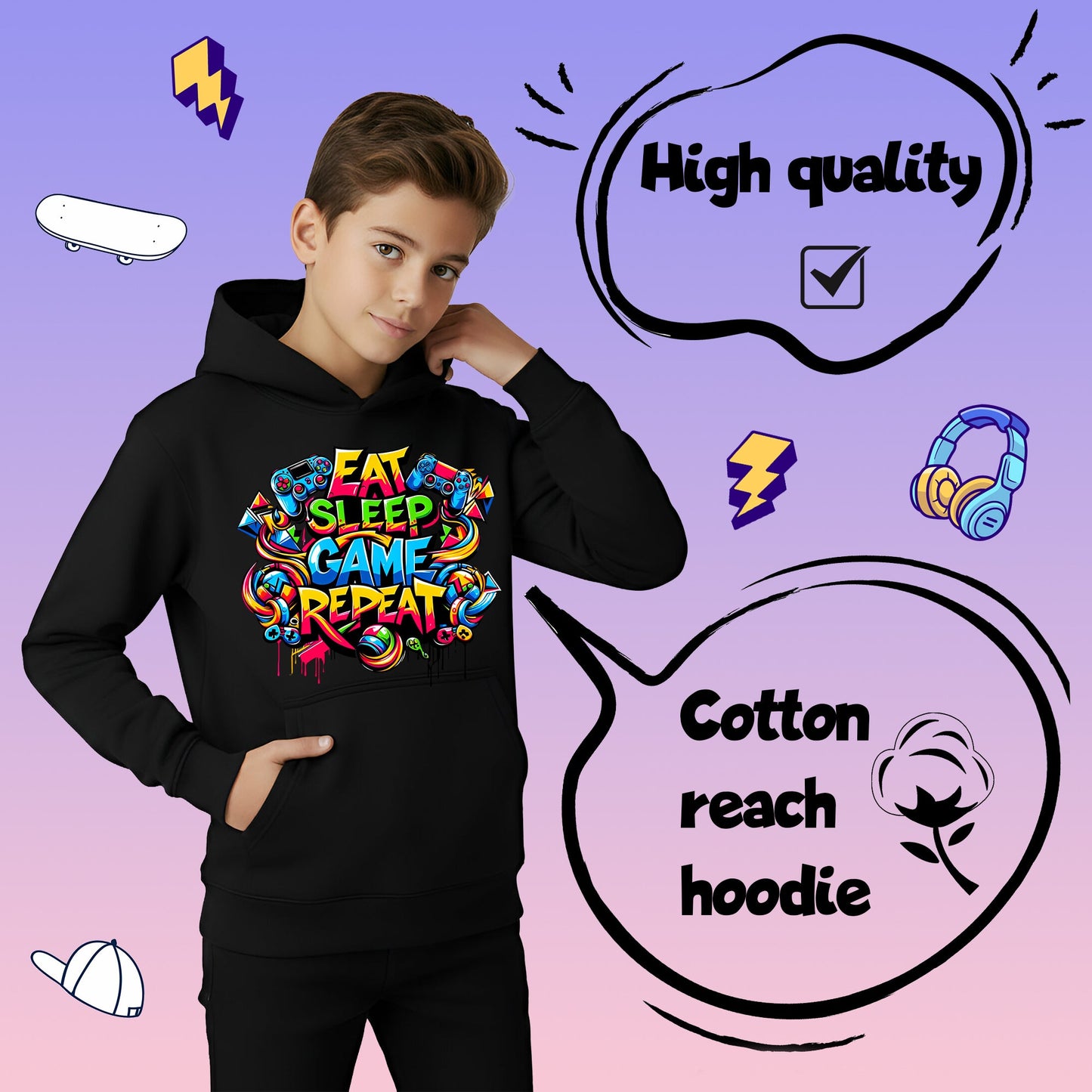 Fringoo Gamer Hoodie Grey for Boys Cotton Rich Soft Hooded Sweatshirt - Eat Game Black