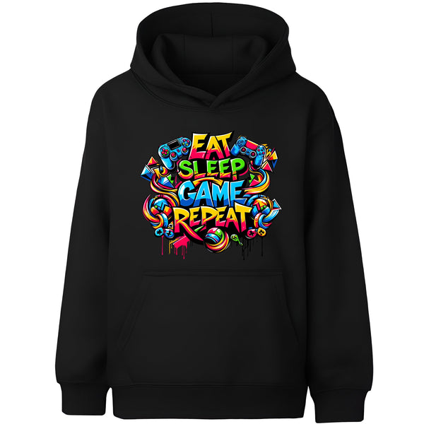 Fringoo Gamer Hoodie Grey for Boys Cotton Rich Soft Hooded Sweatshirt - Eat Game Black