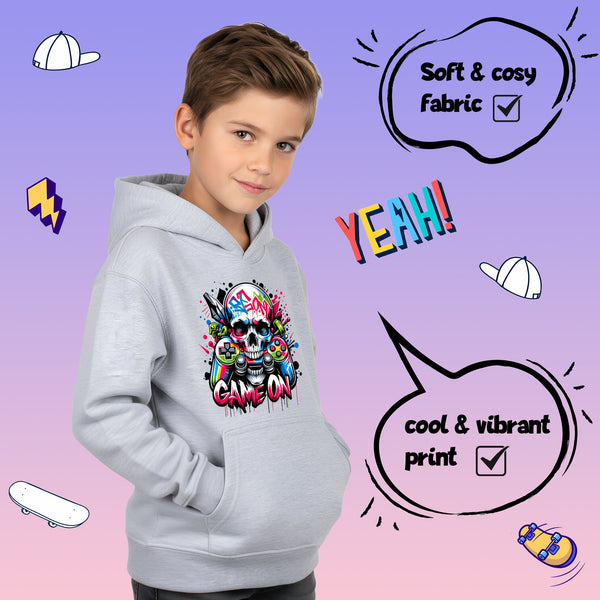 Fringoo Gamer Hoodie Grey for Boys Cotton Rich Soft Hooded Sweatshirt - Game on Skull Grey