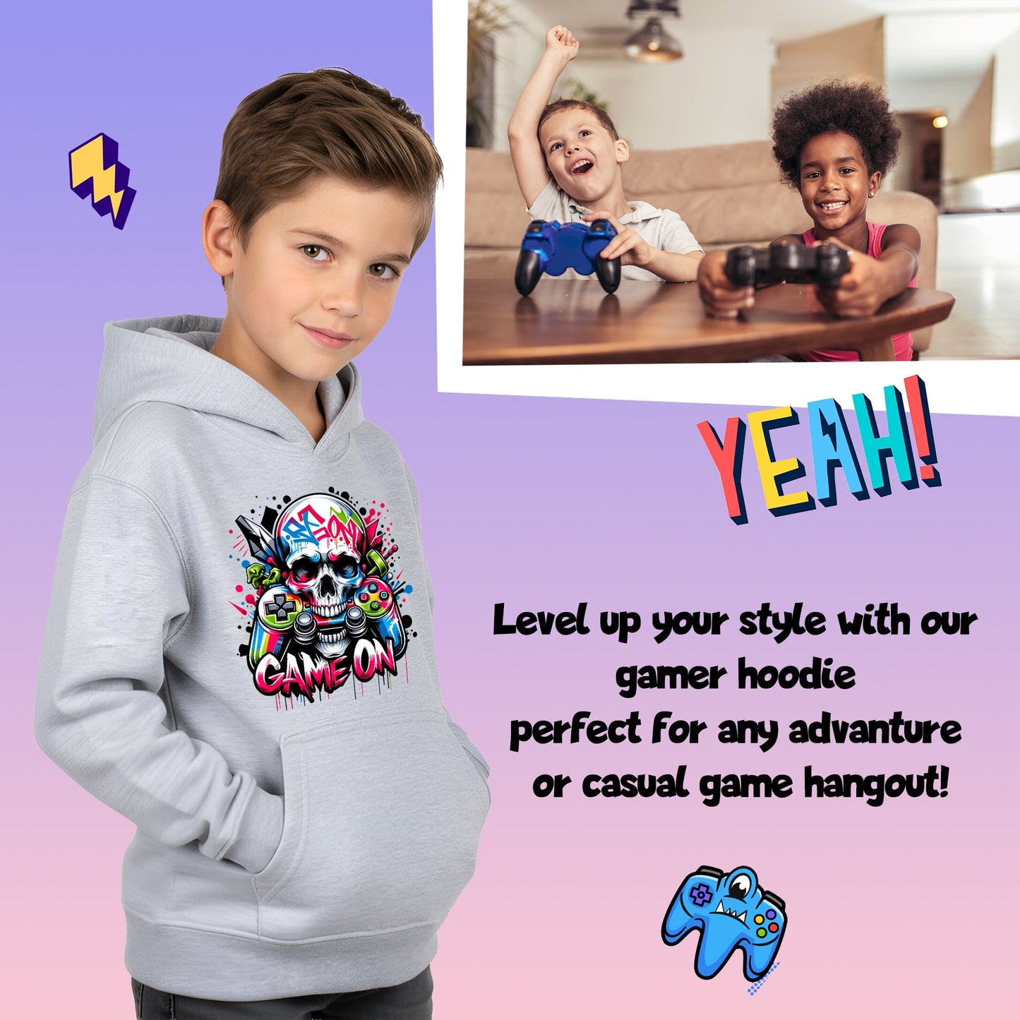 Fringoo Gamer Hoodie Grey for Boys Cotton Rich Soft Hooded Sweatshirt - Game on Skull Grey