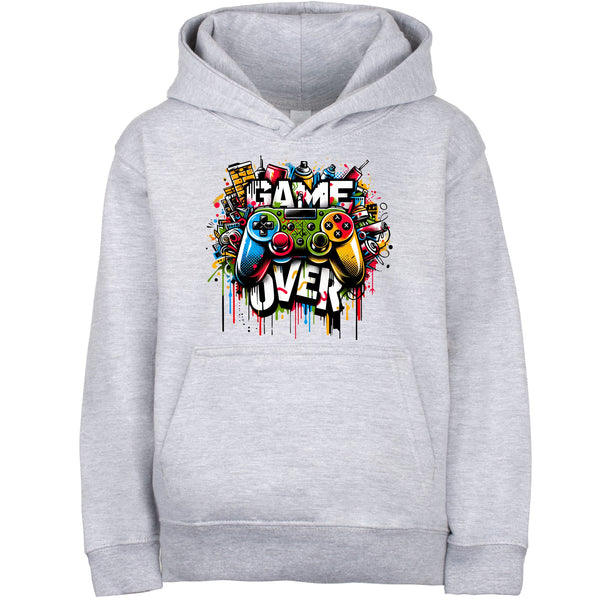Fringoo Gamer Hoodie Grey for Boys Cotton Rich Soft Hooded Sweatshirt - Game over Graffiti Grey