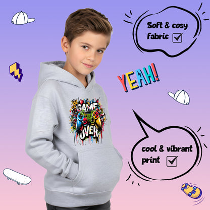 Fringoo Gamer Hoodie Grey for Boys Cotton Rich Soft Hooded Sweatshirt - Game over Graffiti Grey