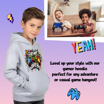 Fringoo Gamer Hoodie Grey for Boys Cotton Rich Soft Hooded Sweatshirt - Game over Graffiti Grey