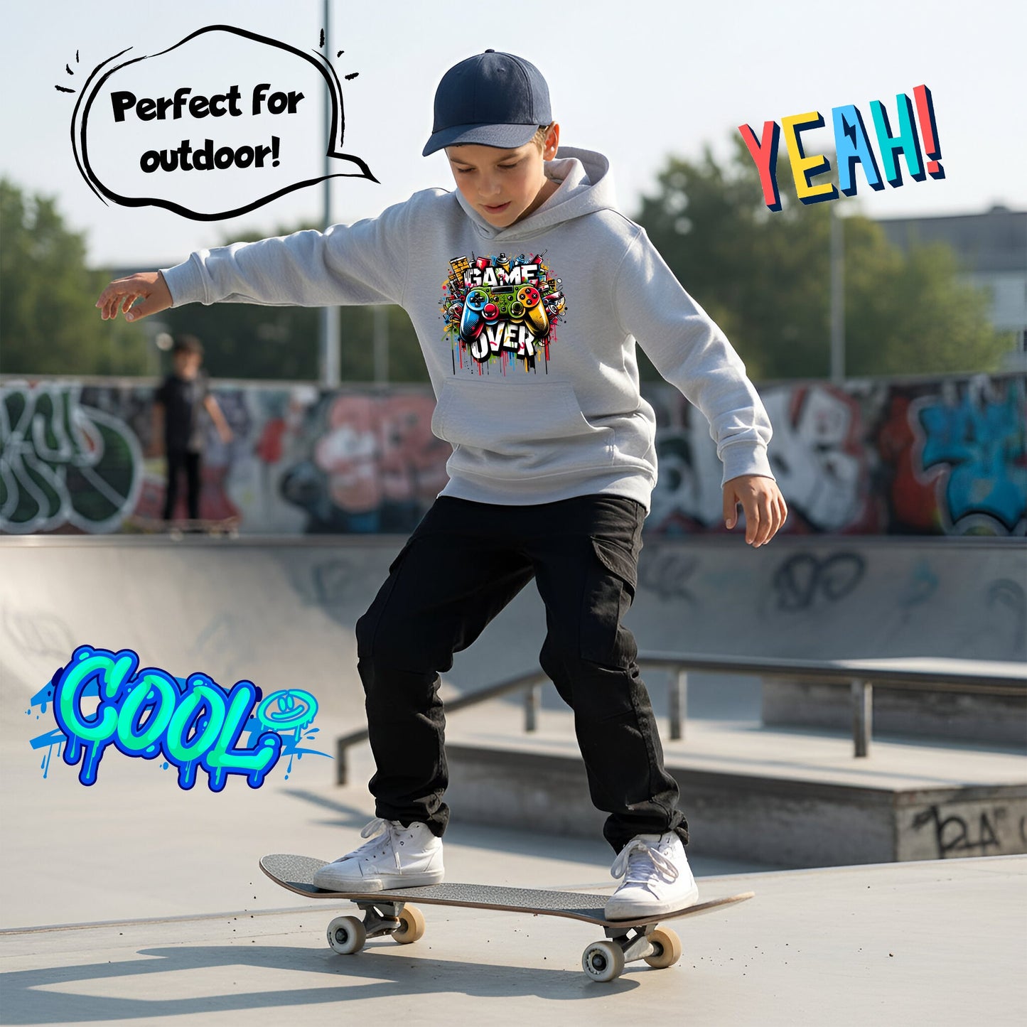 Fringoo Gamer Hoodie Grey for Boys Cotton Rich Soft Hooded Sweatshirt - Game over Graffiti Grey