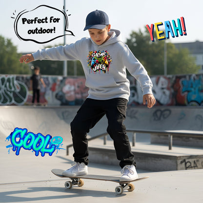 Fringoo Gamer Hoodie Grey for Boys Cotton Rich Soft Hooded Sweatshirt - Game over Graffiti Grey