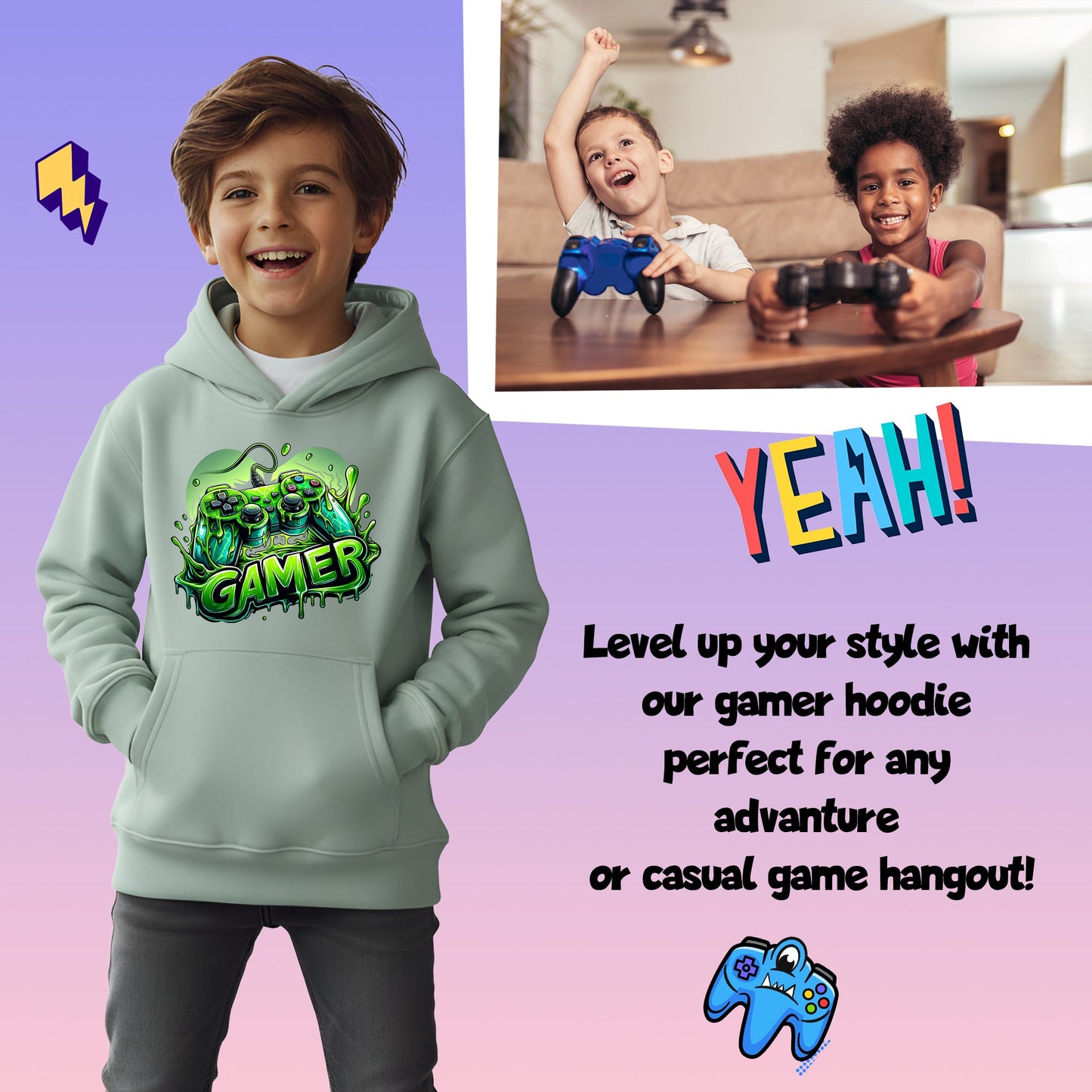 Fringoo Gamer Hoodie for Boys Cotton Rich Soft Hooded Sweatshirt - Gamer Green