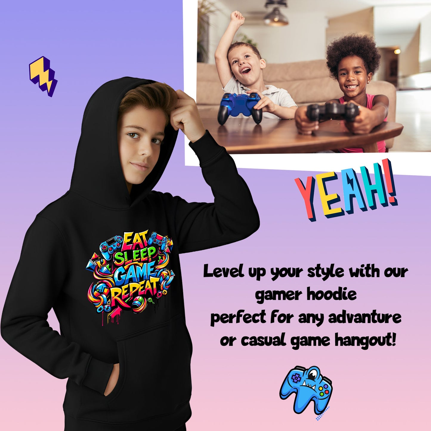 Fringoo Gamer Hoodie Grey for Boys Cotton Rich Soft Hooded Sweatshirt - Eat Game Black